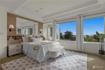 Guest bedroom on the lower level with views of the lake.