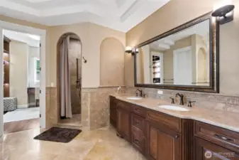 Sumptuous Primary Bathroom with Jetted Tub, Walk-in Shower with Travertine, Dual Shower heads... so nice!