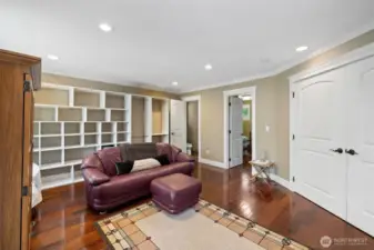 Bonus room looking at the wall shelving, bathroom and... an EXTRA flex room!!  Again, what do you want it to be is the fun part!