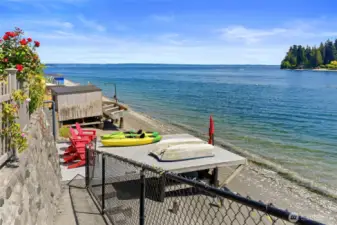 Down the ramp is the waterside dock with bulkhead, davit, and rollers for easy kayak loading and unloading.  Here's where you can get a good look at the stone and concrete bulkhead.  Notice the open gate at the bottom of the ramp.