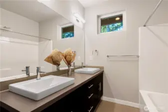 double sink and shower with bathtub