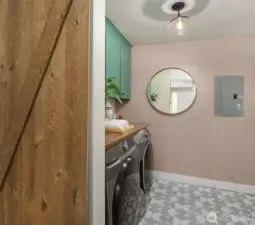 Laundry room has a barn door
