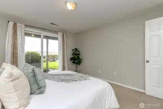 Primary bedroom with it's own sliding glass door to the patio,