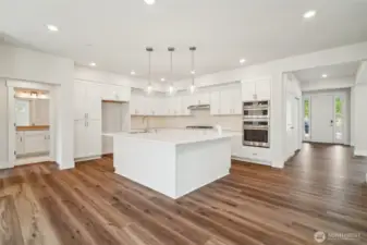 That island... Perfect for gatherings and has useful drawers/cabs too.  The quarts slab is stunning, single basin sink, garbage disposal, pop up outlet in island & Moen faucet.