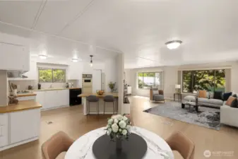 Virtual staged living room and kitchen.
