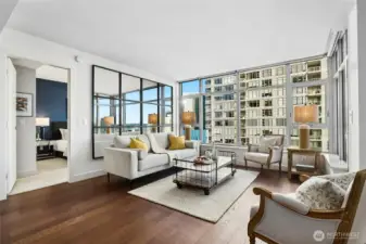 Beautiful, gracious open living room with walls of glass, drenched in natural southern light!