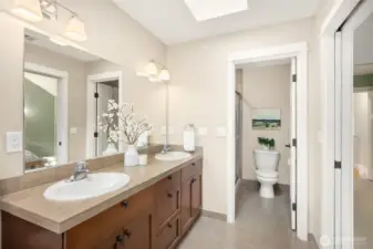 The skylights in the primary bath make it feel spacious and bright.