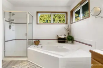 The corner beautifully accommodates this deep garden tub—picture yourself unwinding after a long day.