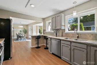Kitchen opens up to formal dining