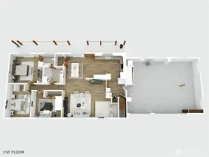 Upstairs 3D Floorplan with flooring and staged options