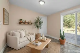 A virtual representation of one of the many ways this additional space can be utilized - this in the way of a lounge space facing your tranquil outdoor space. Tons of natural light.