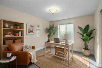 Virtual representation of how this space can be utilized - in this case a fantastic home office set up flooded with light. Easy access off hallway to bathroom and front entry would make this an ideal office set up, bedroom, or whatever you would like.