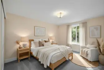 Virtual representation of bedroom number two staged as a guest room. Fantastic natural light and plenty of space.