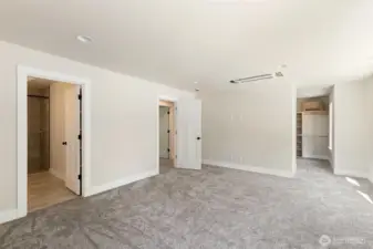 Primary suite with views to the bathroom and walk-in closet.
