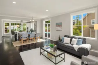 Living room, dining, and kitchen
