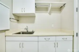Opposite the laundry zone, a built-in utility sink and extended countertop workspace offer endless possibilities—from crafting and gardening prep to pet care or project organization—all supported by abundant upper and lower cabinetry for smart, stylish storage.