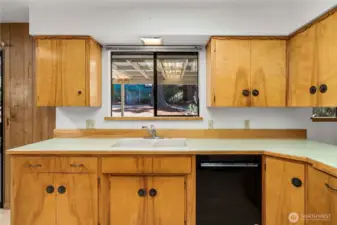 kitchen sink and dishwasher with window view to backyard
