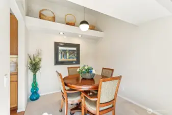 Large dining room with decorative wall shelves