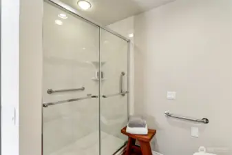 Shower offers seat, handrails, spa like shower head/wand