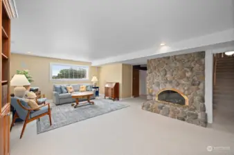 Lower level living space with gas fireplace