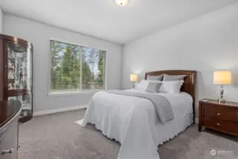 The primary suite is separated from the living areas and other bedrooms as it is beyond the laundry and kitchen area. It is also very spacious and looks out on to the rear yard and forested area beyond.