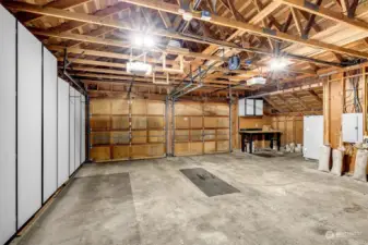 Garage with work area and nice shelves