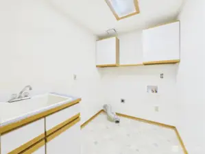 Laundry room with utility skin and storage.