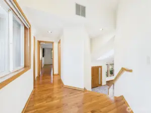 Upstairs hallway with lots of light.