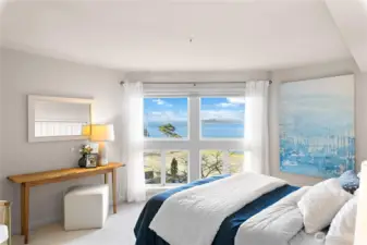 Primary bedroom with new lower windows, new carpet and new paint.