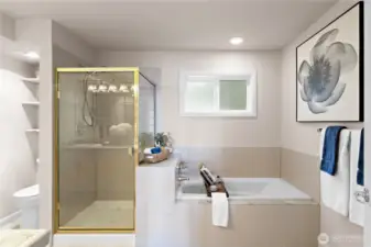 The primary bathroom has a separate soaking tub and shower.