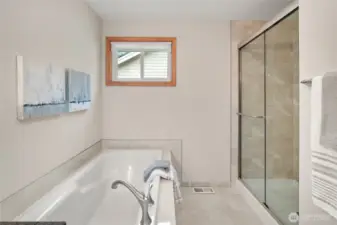 Soaking bathtub and a walk-in shower.