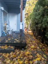 This view highlights the covered back entry and small deck area, offering a sheltered spot for seating or storage. Mature hedges along the fence line add privacy, making this outdoor space feel tucked away and comfortable.