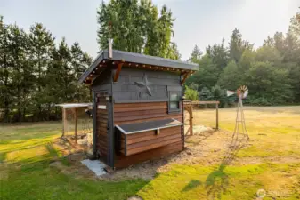 Well designed chicken coop with free-range space.