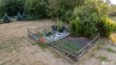Fenced garden with raised beds and plot.