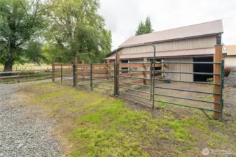 3 stalls with attached paddocks. Plenty of space for tractor/UTV to maneuver around all pens & backside of barn where another sliding door is located. Or use this graveled space for additional parking/pens.