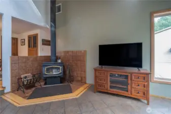 Wood stove in living room.