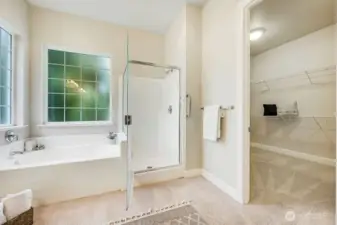 Sunken tub and shower and sunken tub.The walk-in closet area is large and shelving already in place.
