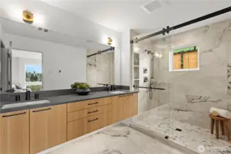 Primary ensuite bathroom with heated floors