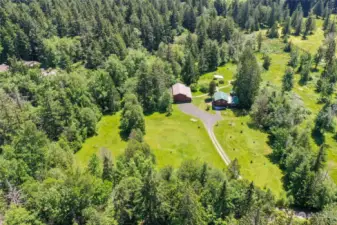 Overhead view showing property with pastures.