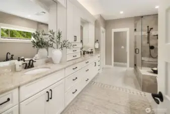 Spa inspired luxury bath with soaking tub, large shower, gas fireplace, and huge walk in closet.