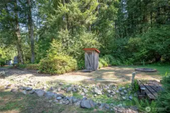 Shed used to store pond supplies. Not an outhouse!