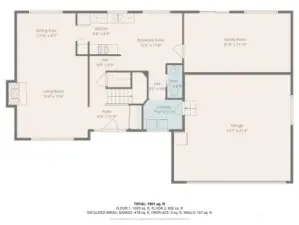 The main level includes a large family room, separate living and dining areas, and a kitchen with an adjacent breakfast nook. A half bath, uitility room, and access to the attached two-car garage complete the layout.