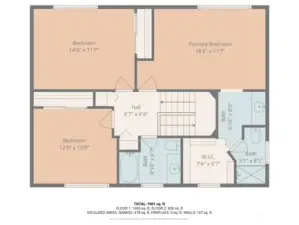 Upper level features a spacious primary suite with walk-in closet and private bath, plus two additional bedrooms and two more bathrooms. Central hallway connects all rooms and overlooks the staircase to the main floor.