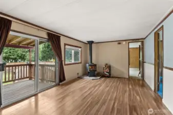 Family room with wood stove.