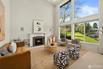 Family room with huge windows and soaring ceilings.