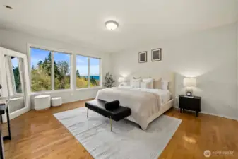 Spacious main level primary suite with a view.