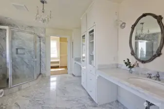 Soaking tub is just beyond the left edge of photo and straight ahead is the walk-in closet.