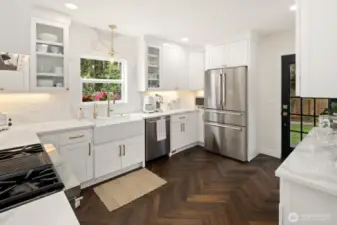 There are herringbone floors, a Bosch fridge and a new back door.