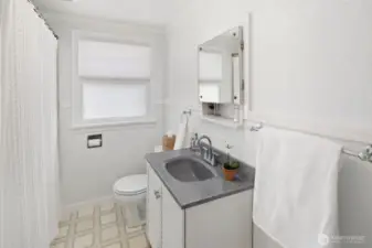 This is the full bath on the main floor.  It has the original mirror/storage cabinet over the sink.
