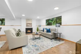 Lower level Bonus Room with gas fireplace. The perfect place to relax, watch movies, entertain friends!